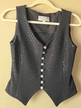 St John Evening Vest Size 2 Sequin Rhinestone Knit Black